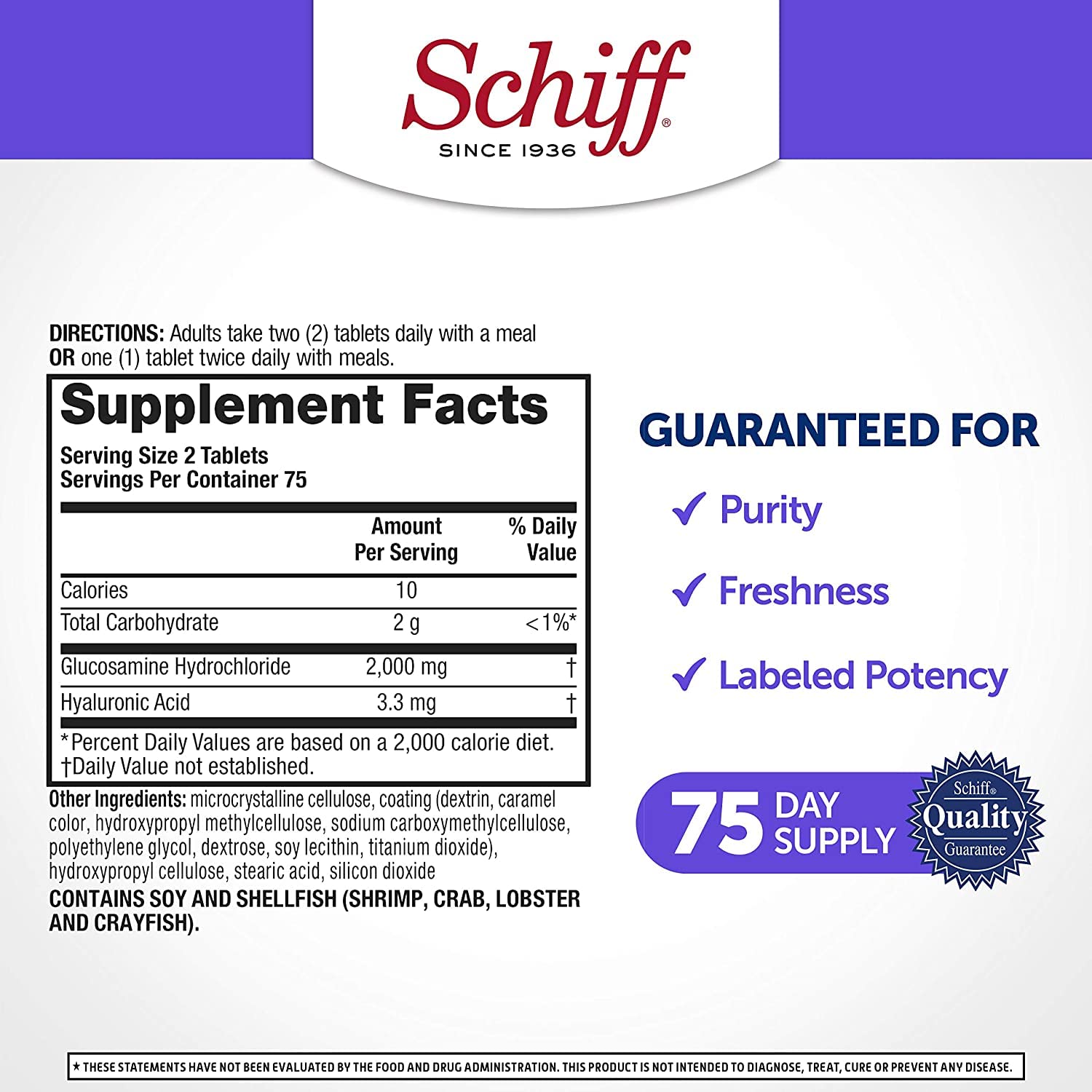 Schiff Glucosamine with Hyaluronic Acid bottle side reveals dosage information.