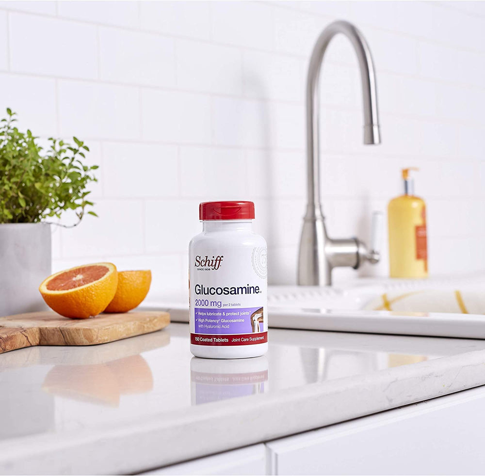 Schiff Glucosamine with Hyaluronic Acid packaging box highlights brand heritage and safety.