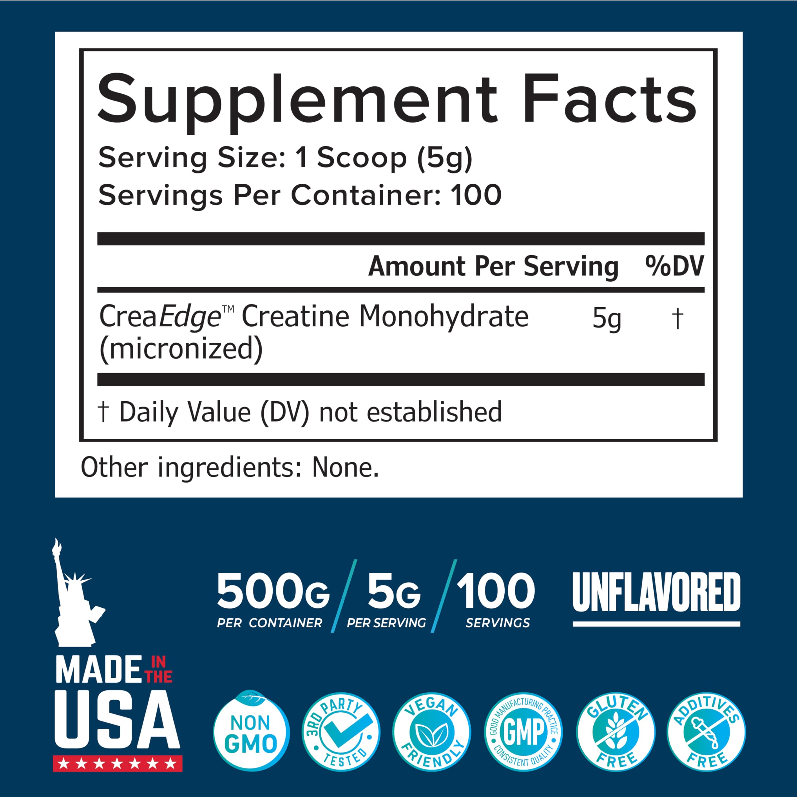 SCHIFFER HEALTH Creatine Monohydrate nutrition panel showing 100 servings