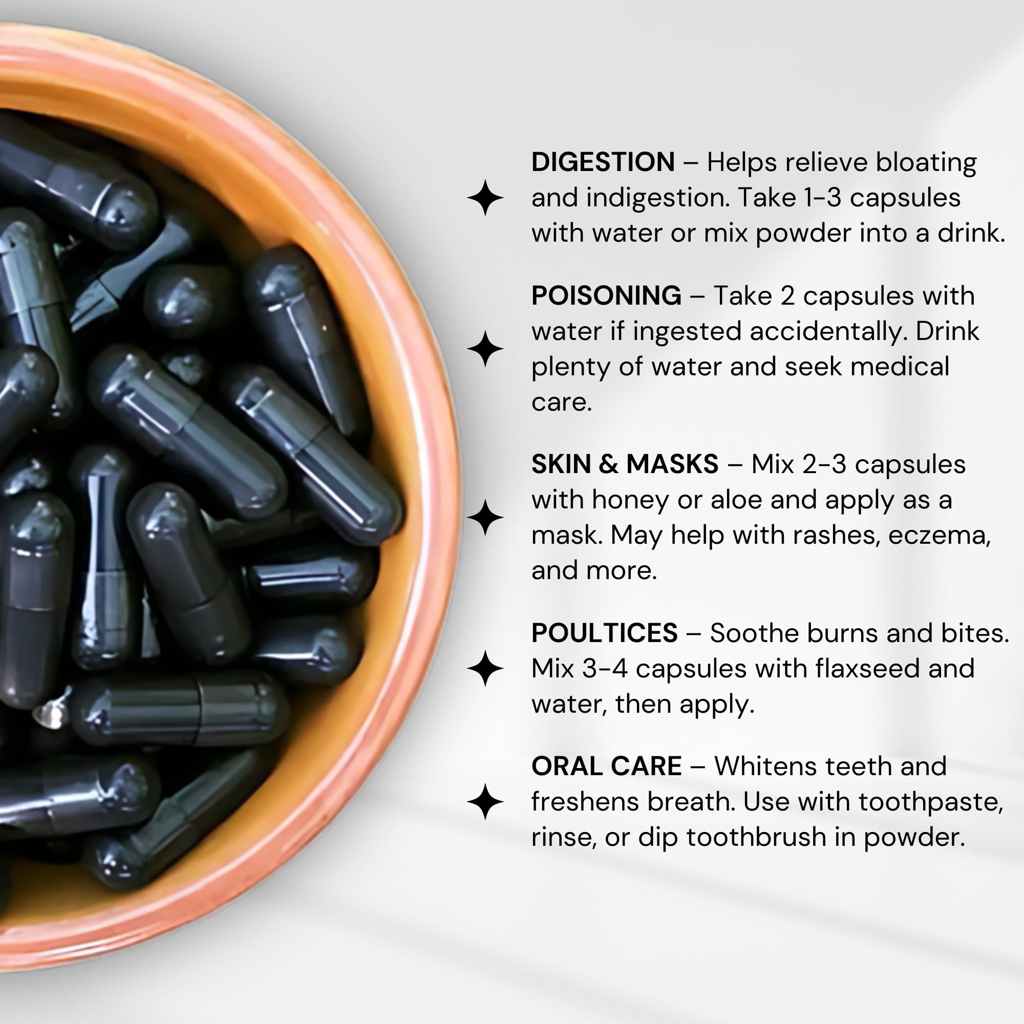 Schizandu Organics coconut charcoal capsules pouring for easy daily detox use.