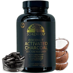 Schizandu Organics activated coconut charcoal capsules bottle front for detox support.