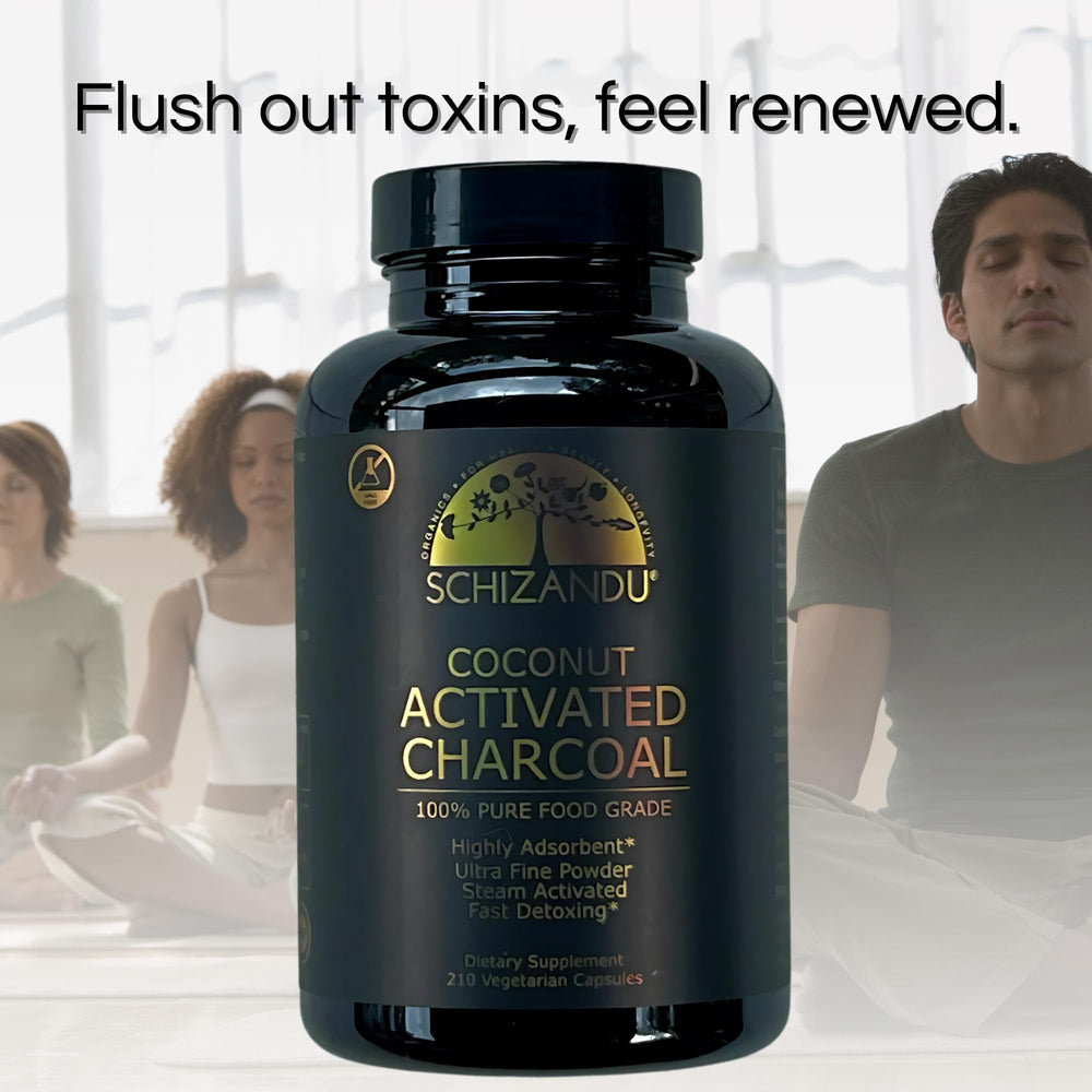 Schizandu Organics travel pack of coconut charcoal capsules for on-the-go detox.