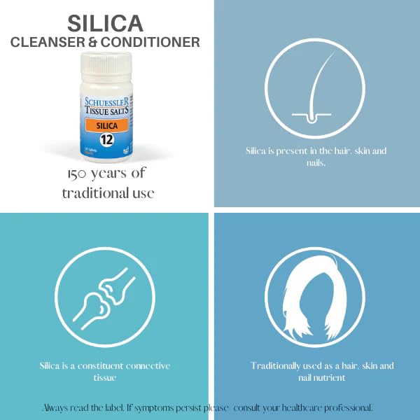 Schuessler Silica-100 tablets closeup highlighting nourishing silica for hair and nails.