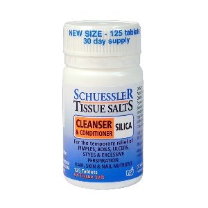 Schuessler Silica-100 packaging showing gentle homeopathic supplement for connective tissue support.