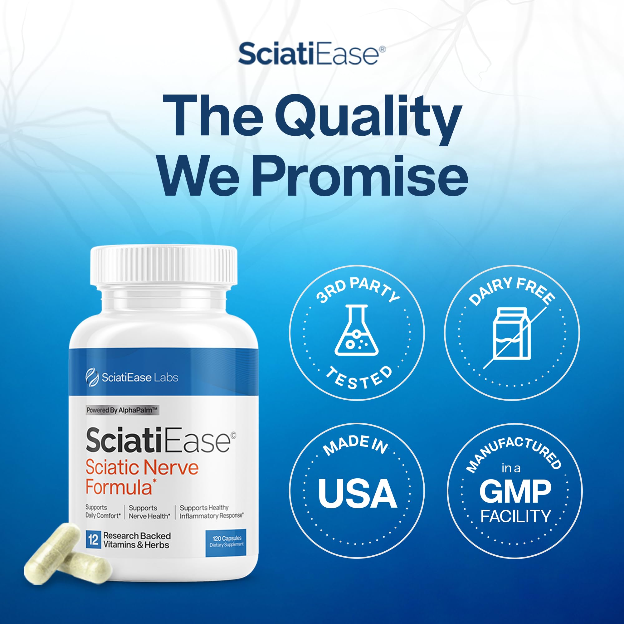 SciatiEase herbal blend with ginger and feverfew for holistic support.