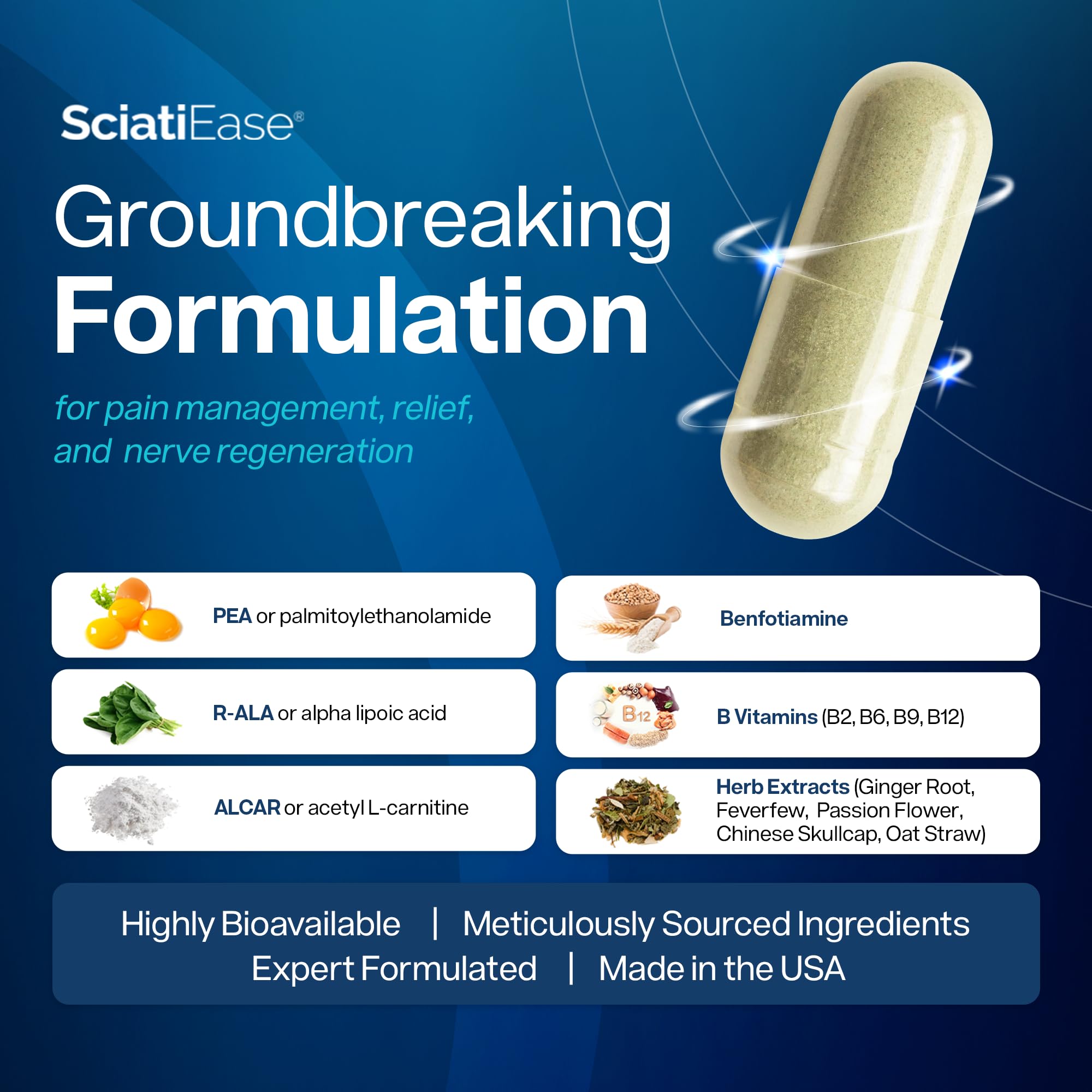 SciatiEase PEA blend visual highlights nerve comfort support.