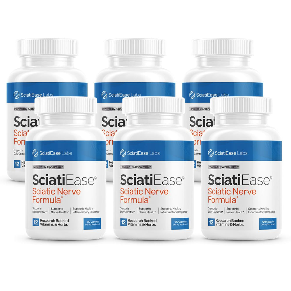 SciatiEase bottle displaying label for sciatic nerve support and easy daily use.
