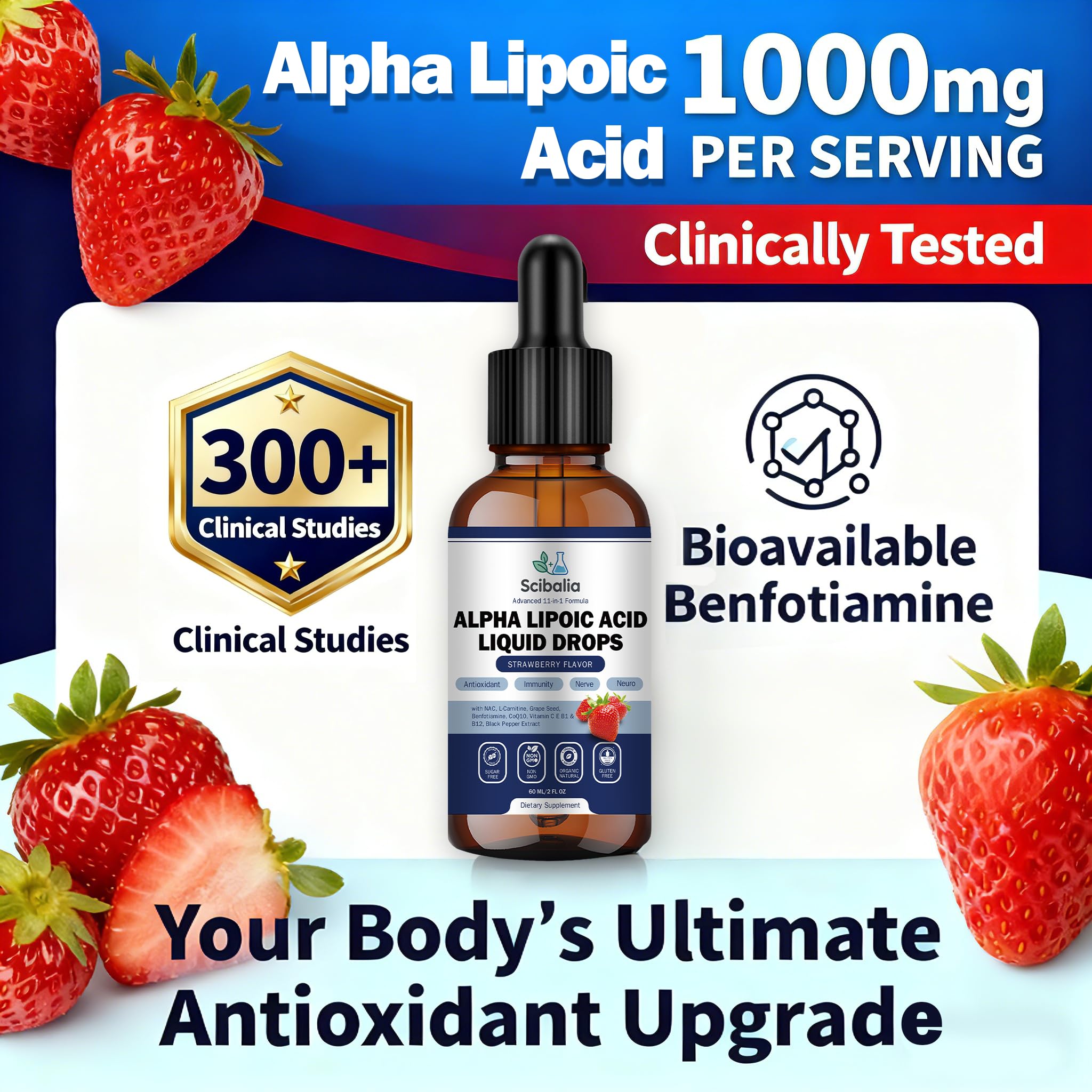Scibalia Alpha Lipoic Acid liquid drops label displays 1000mg strength and ingredients.