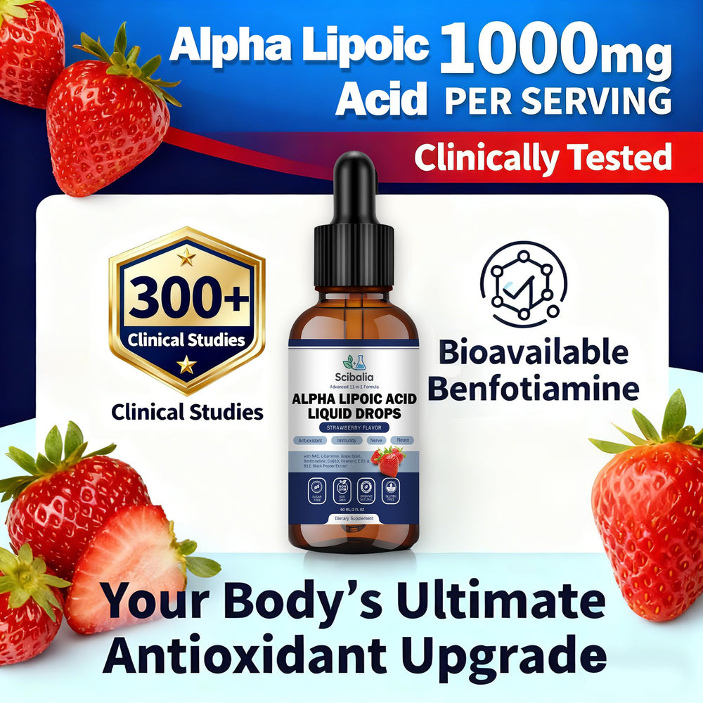Scibalia Alpha Lipoic Acid liquid drops label displays 1000mg strength and ingredients.