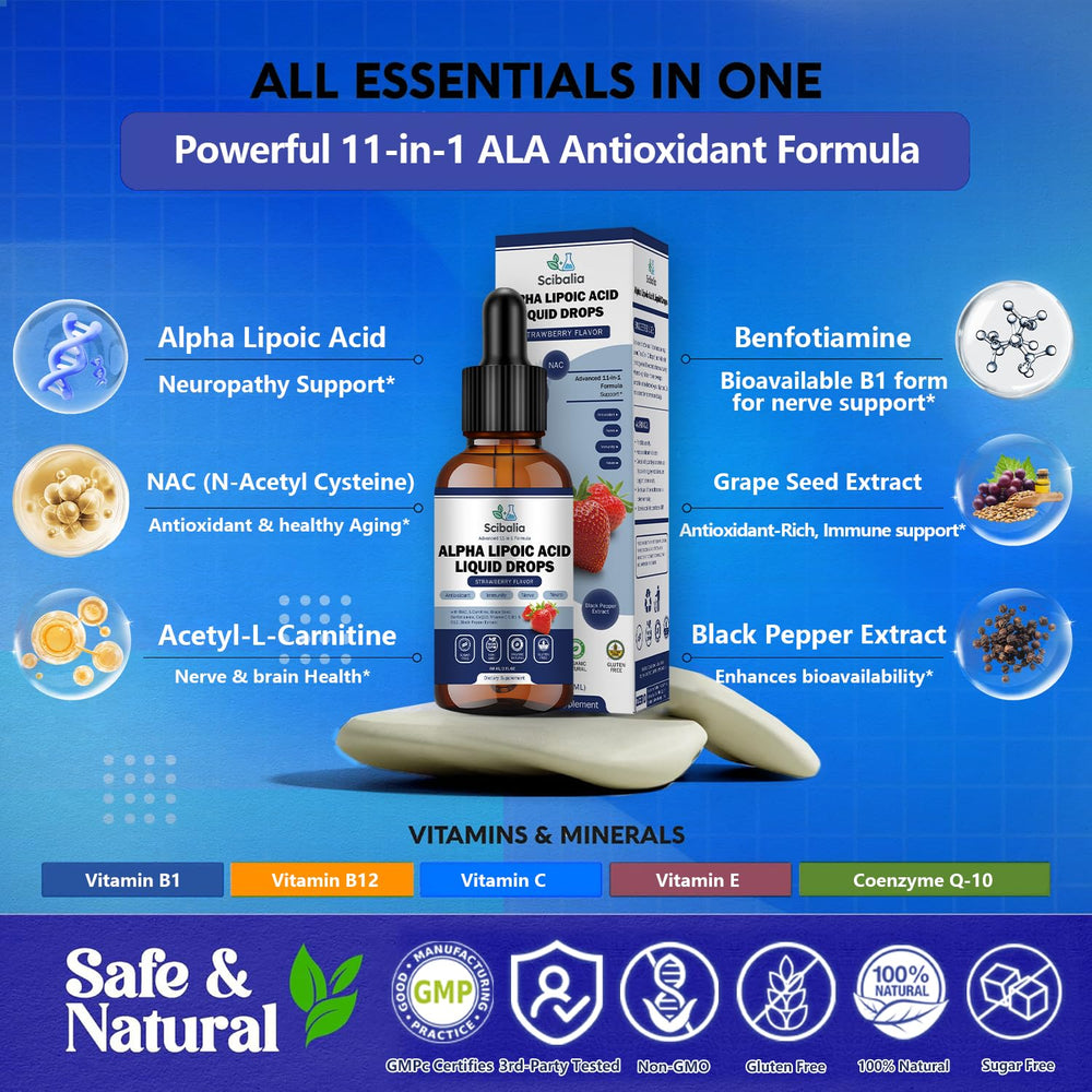 Scibalia Alpha Lipoic Acid drops pour demonstrates easy on-the-go supplementation.