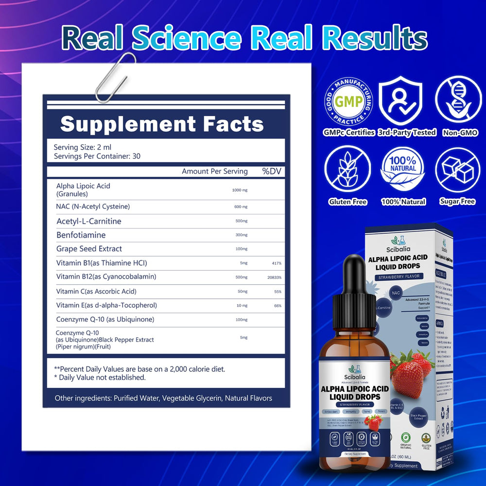 Scibalia Alpha Lipoic Acid drops third-party tested for purity and potency.