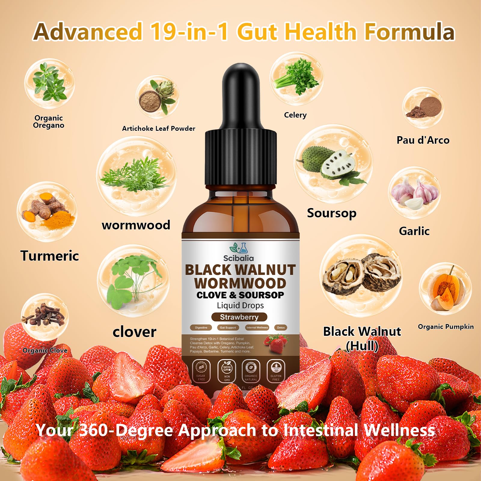 Scibalia black walnut shell highlights nutty ingredient for cleanse.