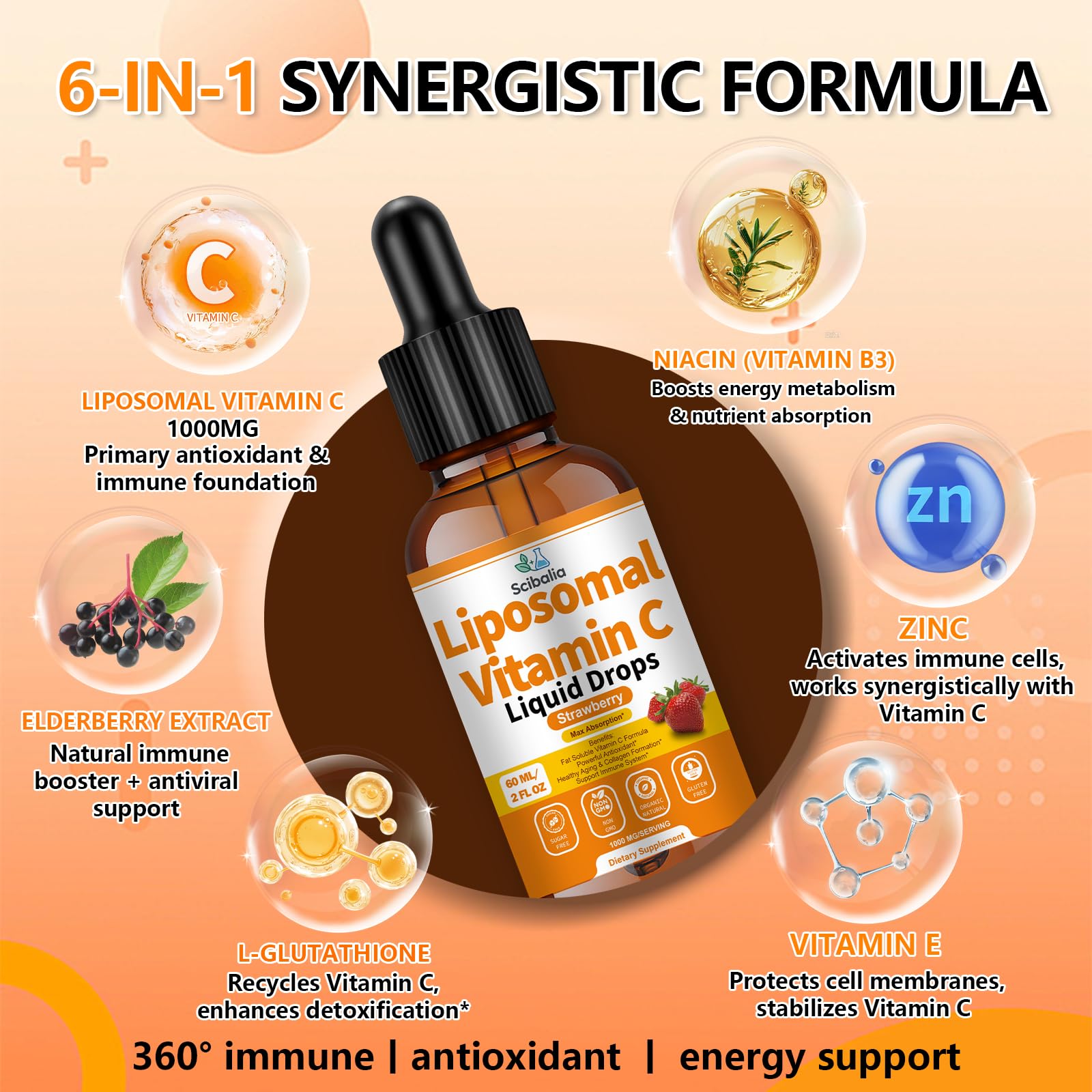 Scibalia immune-support 6-in-1 blend with zinc and elderberry for everyday wellness.
