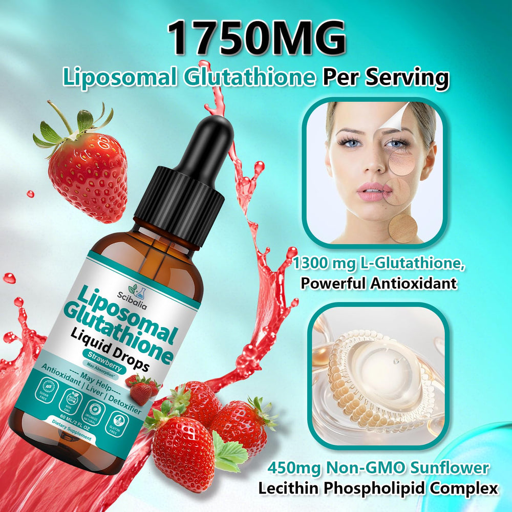 Scibalia liposomal glutathione bottle label highlights 1300mg per serving for strong antioxidant support