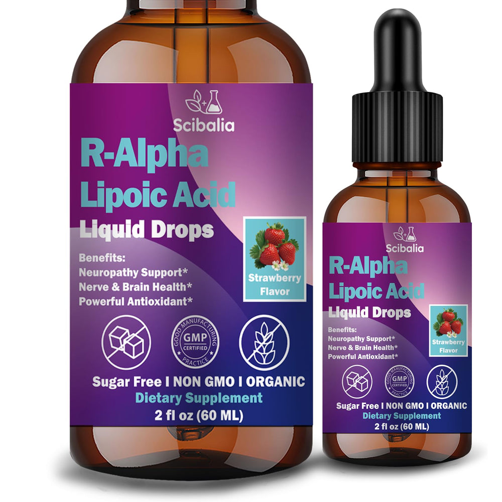 Scibalia R-ALA 600mg bottle shown for daily nerve support and antioxidant potential.