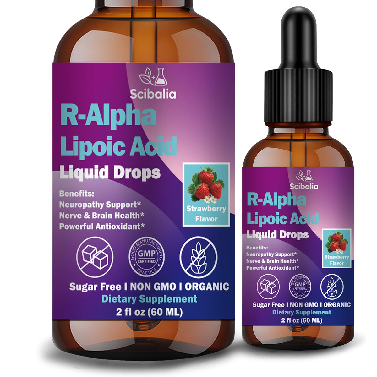 Scibalia R-ALA 600mg bottle shown for daily nerve support and antioxidant potential.