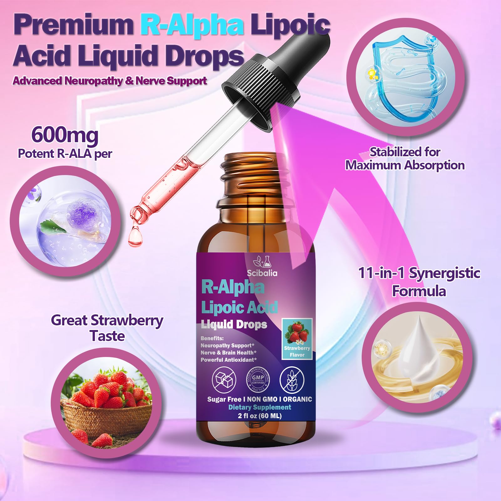 Scibalia R-ALA drops poured into water illustrating convenient daily supplementation ritual.