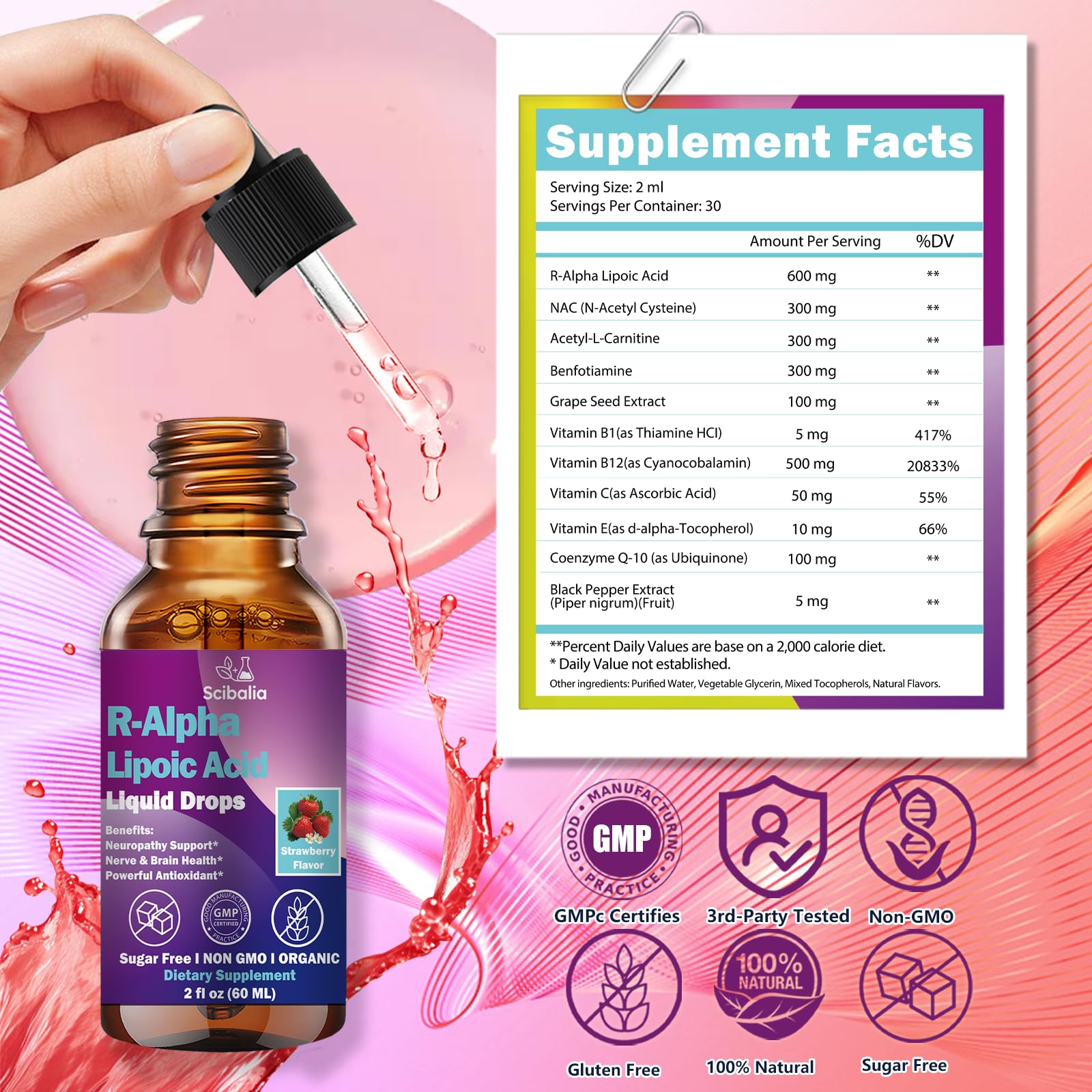 Scibalia R-ALA 600mg bottle in a clean kitchen setup for neuropathy-friendly routine.