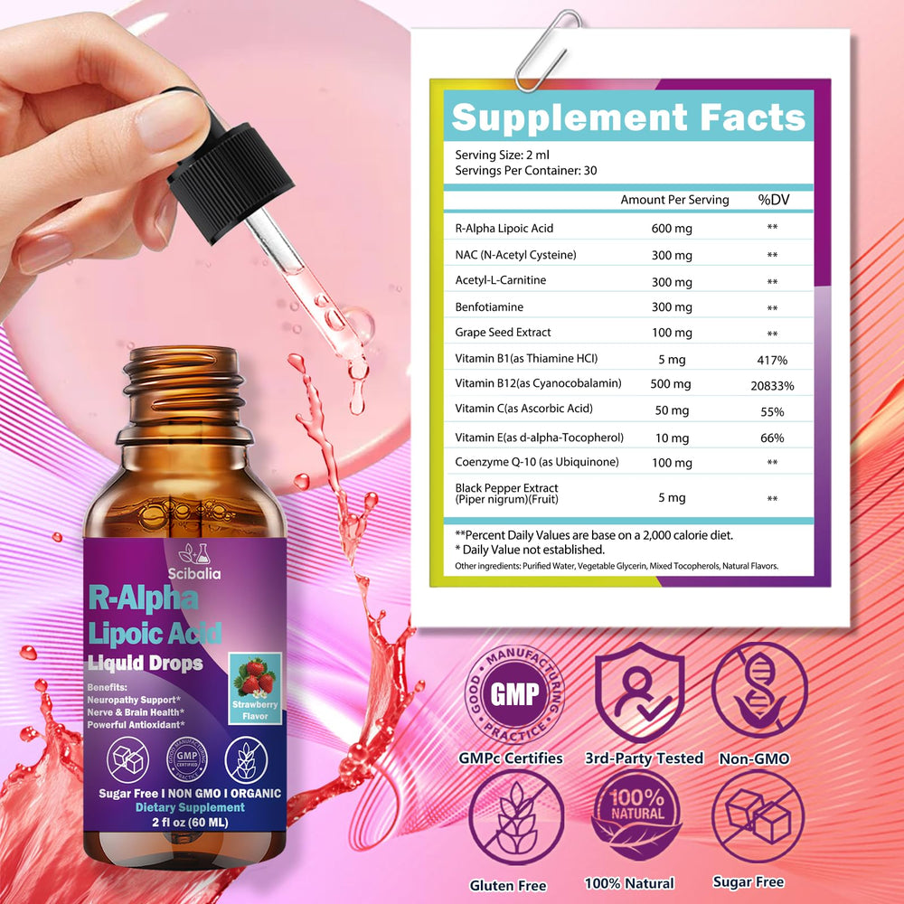 Scibalia R-ALA 600mg bottle in a clean kitchen setup for neuropathy-friendly routine.