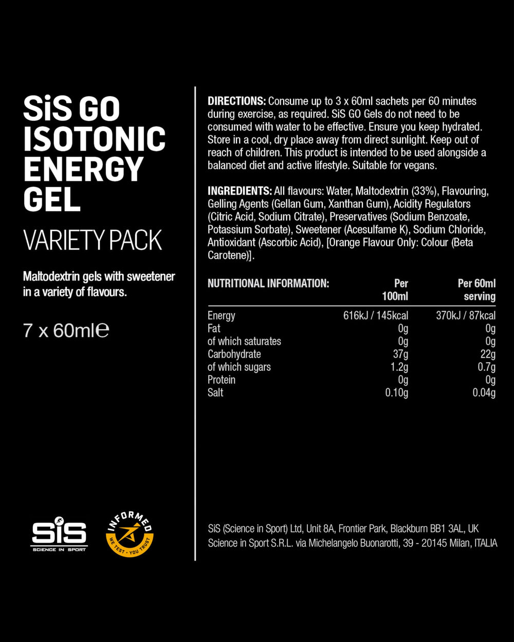 Science in Sport GO isotonic energy gel pack 7 box artwork shows packaging