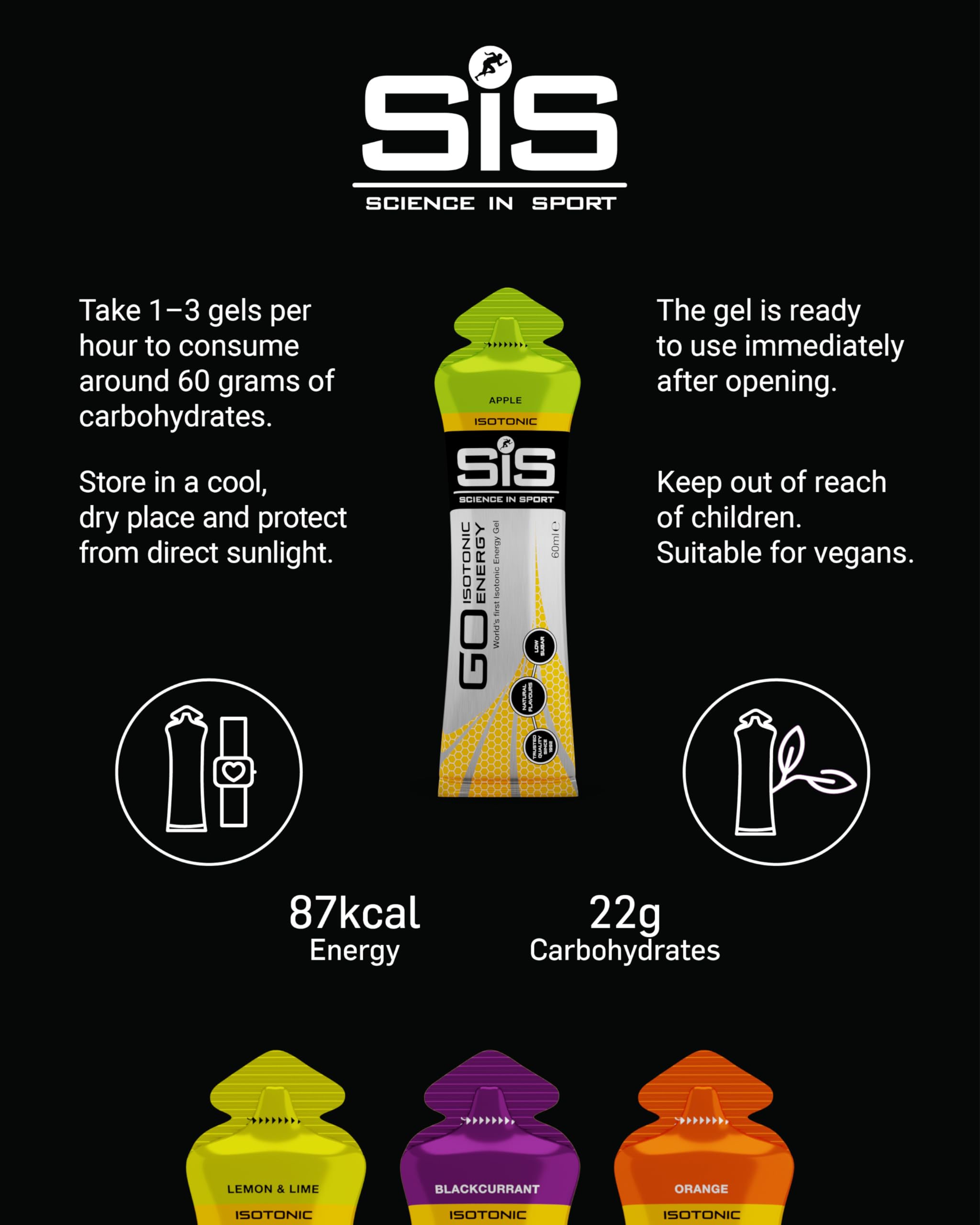 Science in Sport GO isotonic energy gel pack 7 flavor graphics emphasize 22g carbs