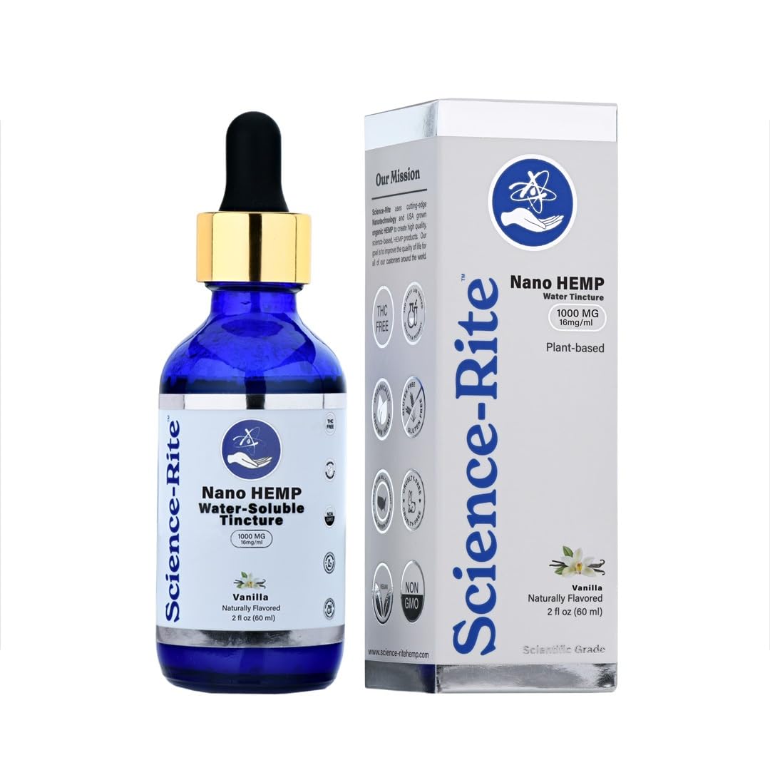 Science-Rite Nano water-soluble hemp bottle with vanilla label for quick absorption.