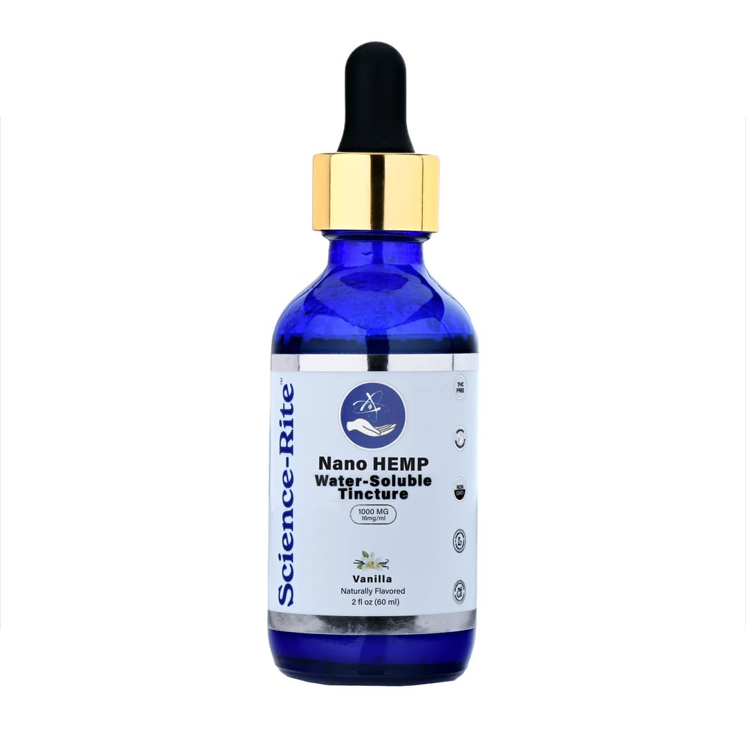Science-Rite Nano hemp drops being poured into a glass for fast use.