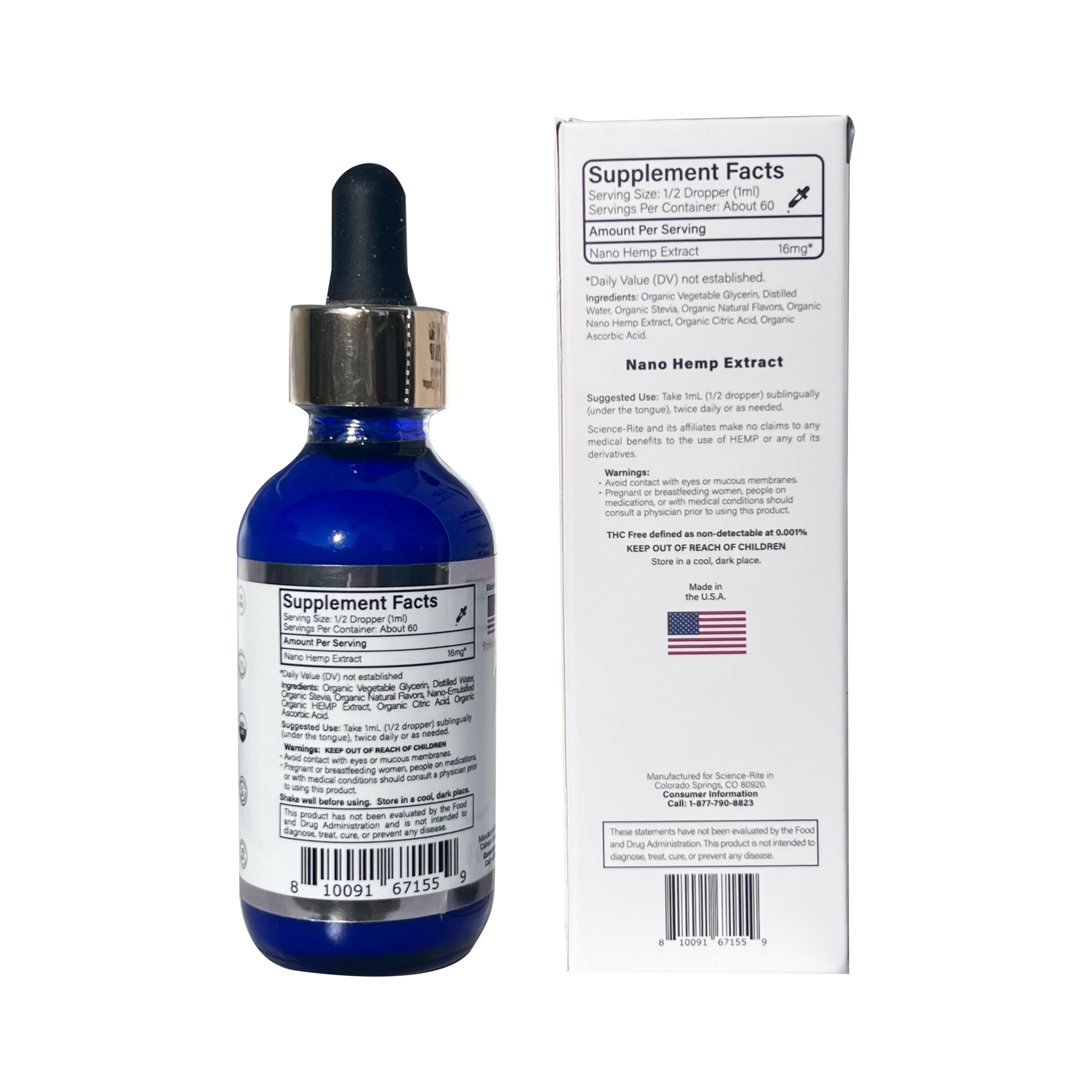 Science-Rite lab-tested seal on hemp drops packaging indicates quality.