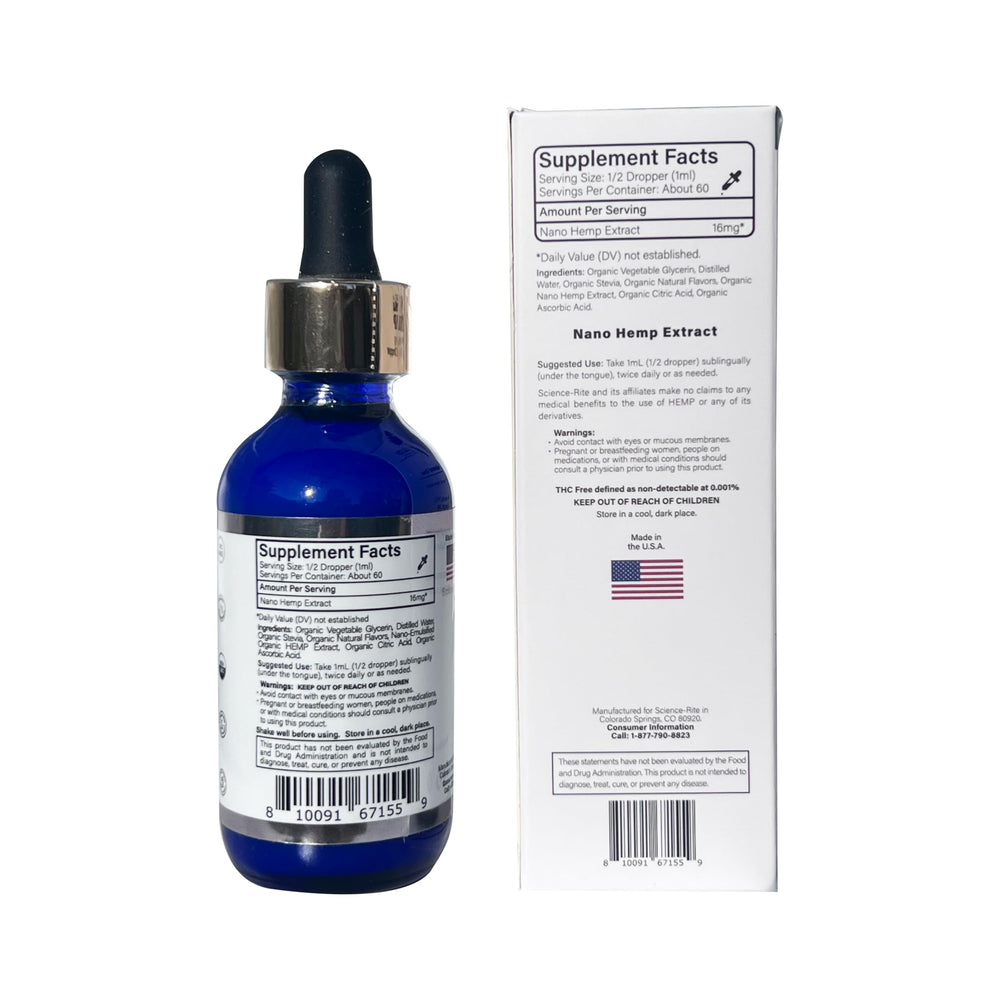 Science-Rite lab-tested seal on hemp drops packaging indicates quality.