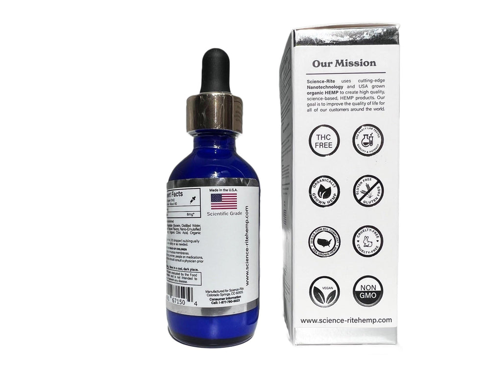 Science-Rite Nano Water-Soluble Hemp packaging on counter highlights 500mg strength