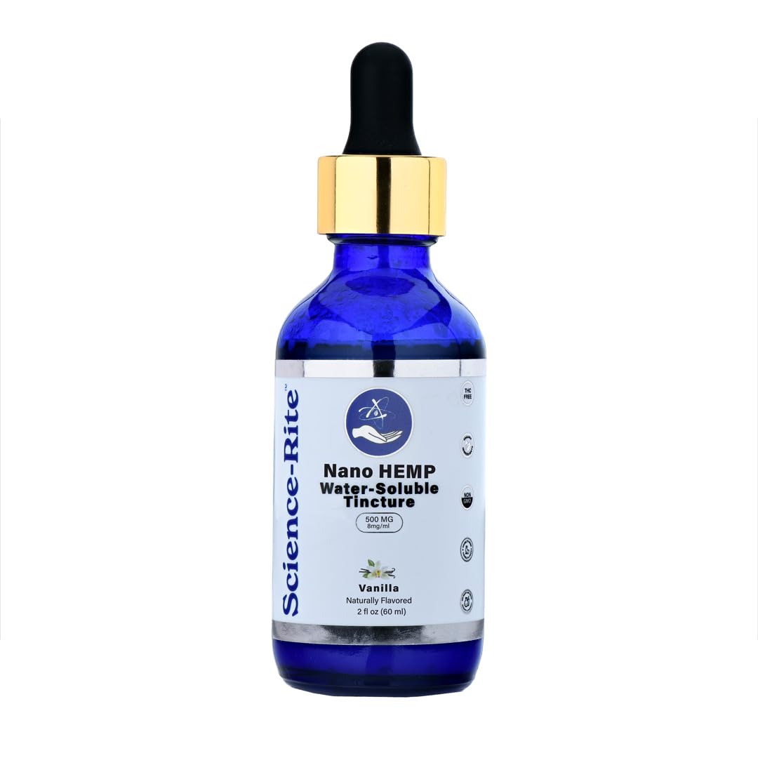 Science-Rite Nano Water-Soluble Hemp Vanilla dropper illustrates fast-acting relief potential.