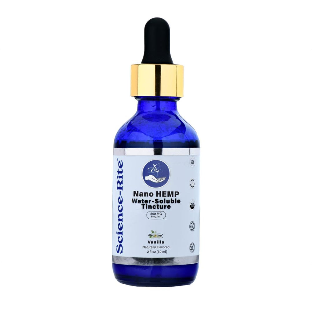 Science-Rite Nano Water-Soluble Hemp Vanilla dropper illustrates fast-acting relief potential.