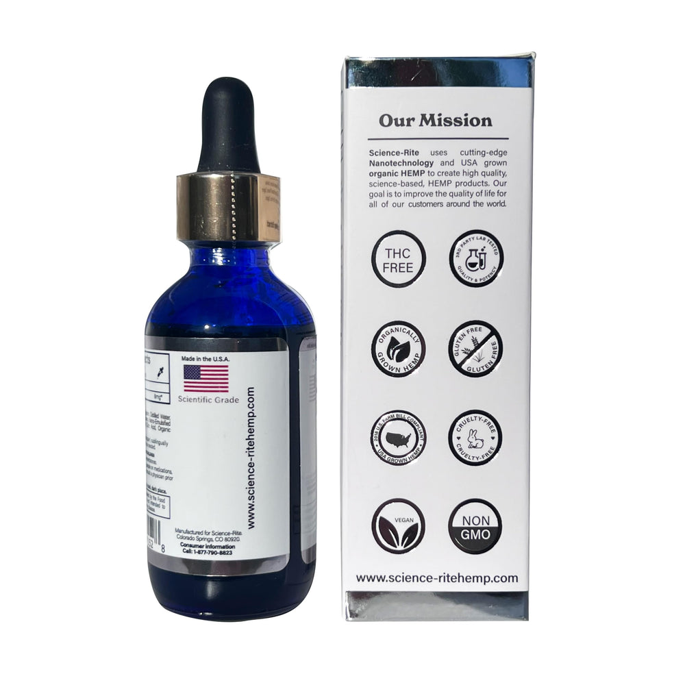 Science-Rite nano-essence bottle with vanilla label highlights American-made quality.