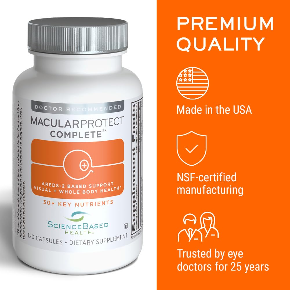 ScienceBased Health MacularProtect Complete bottle and pour with easy-to-take capsules