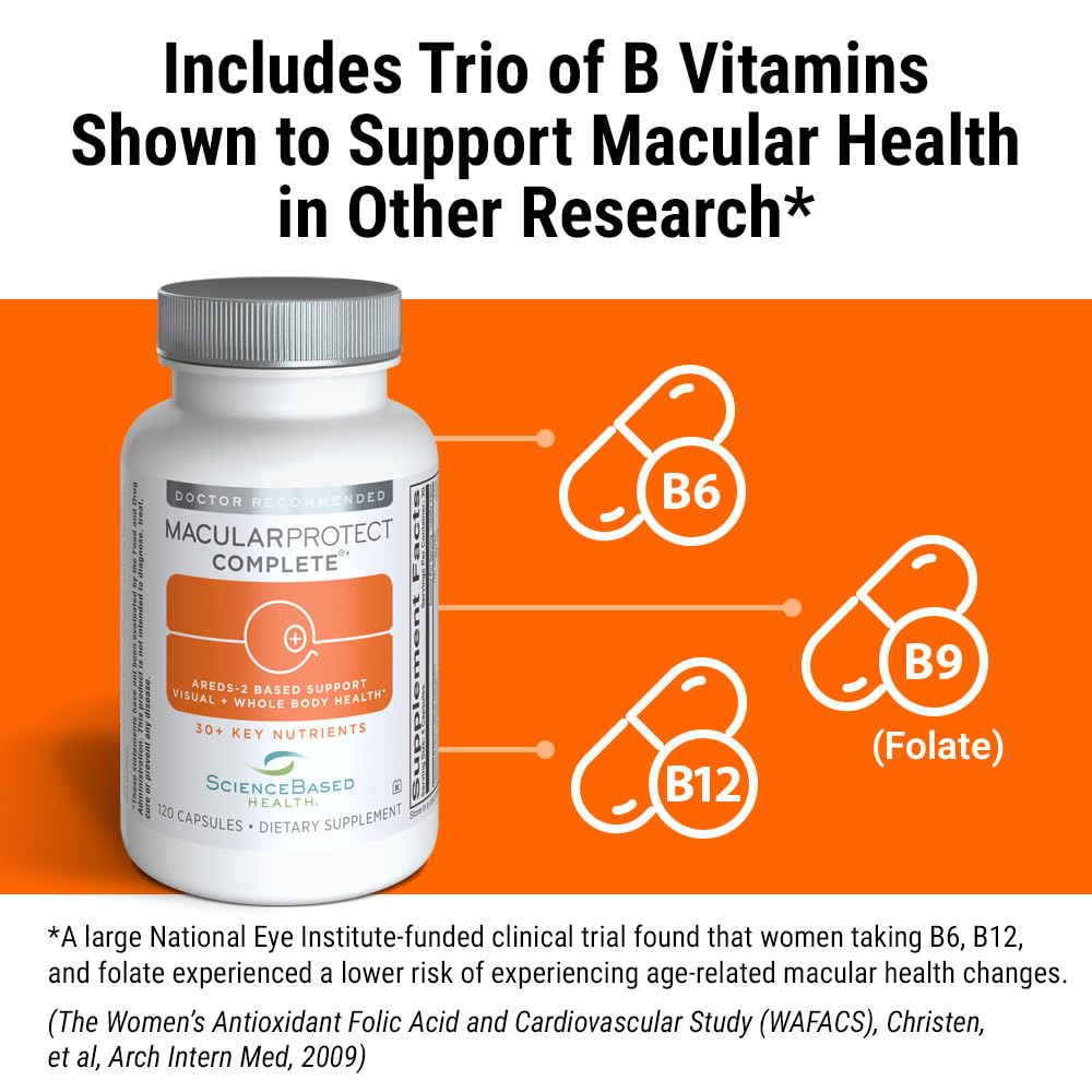 Label close-up showing ingredients like lutein, zeaxanthin, natural vitamin E for eye support