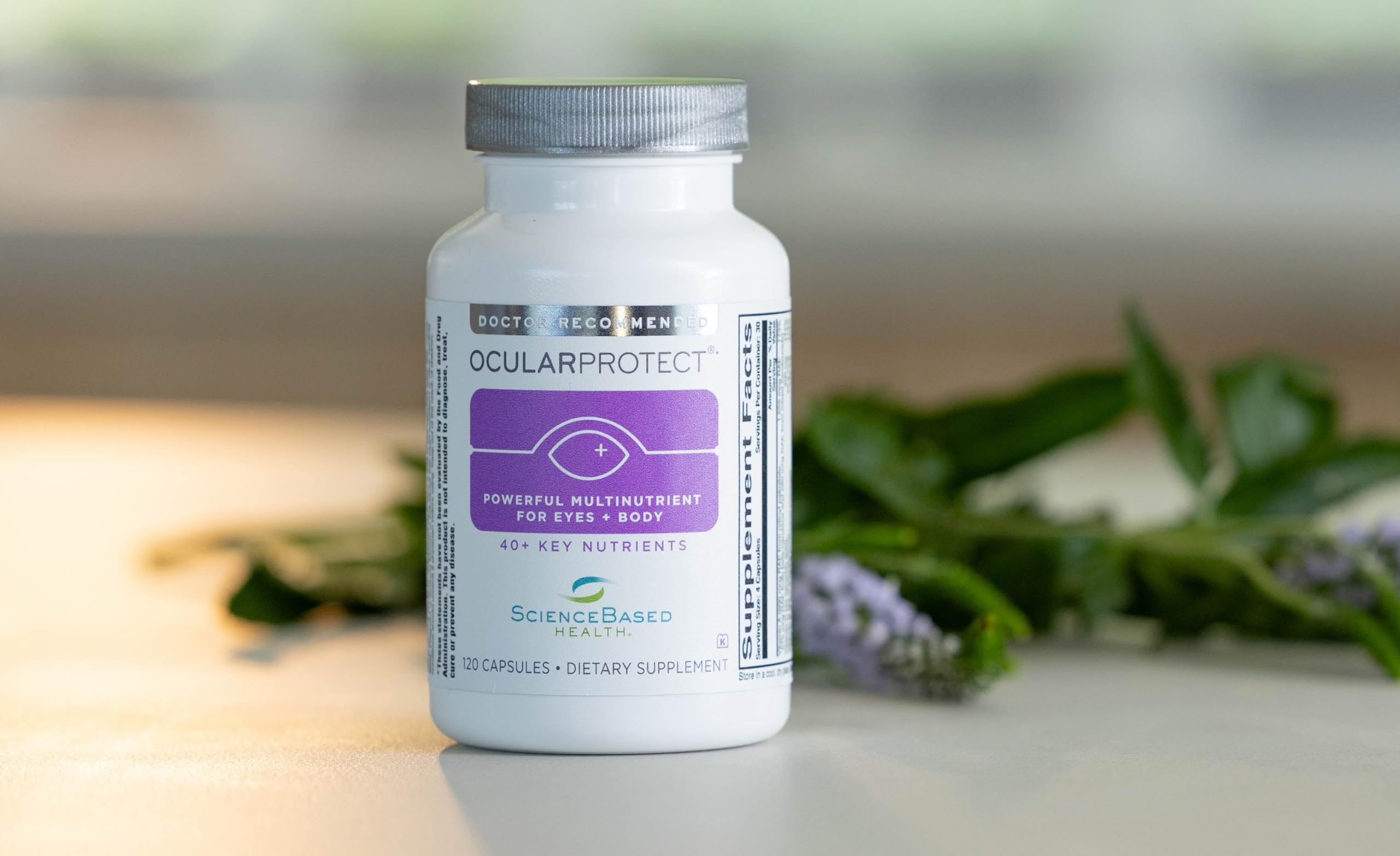 ScienceBased Health OcularProtect daily-use bottle on a kitchen counter.