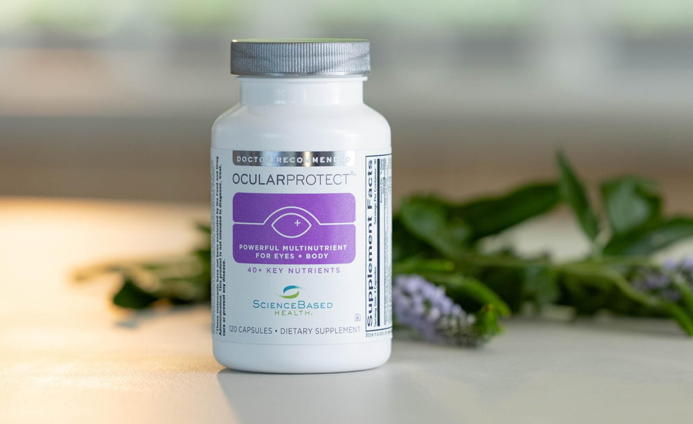 ScienceBased Health OcularProtect daily-use bottle on a kitchen counter.