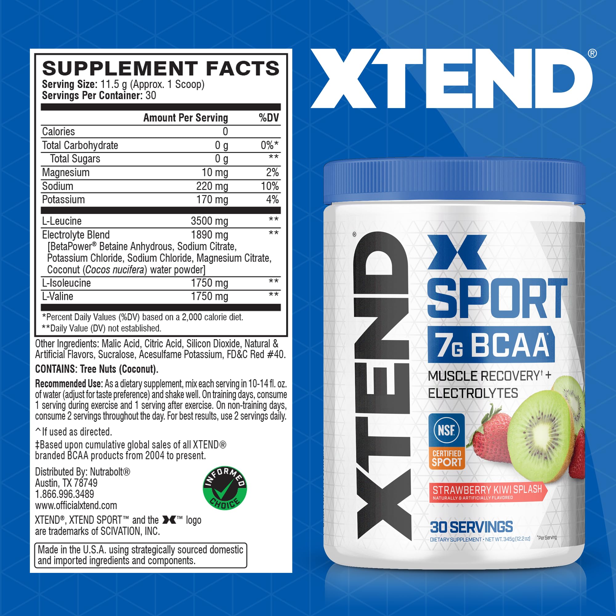 Scivation XTEND Sport Strawberry Kiwi Splash glass shows mixed BCAAs for post-workout recovery and hydration.