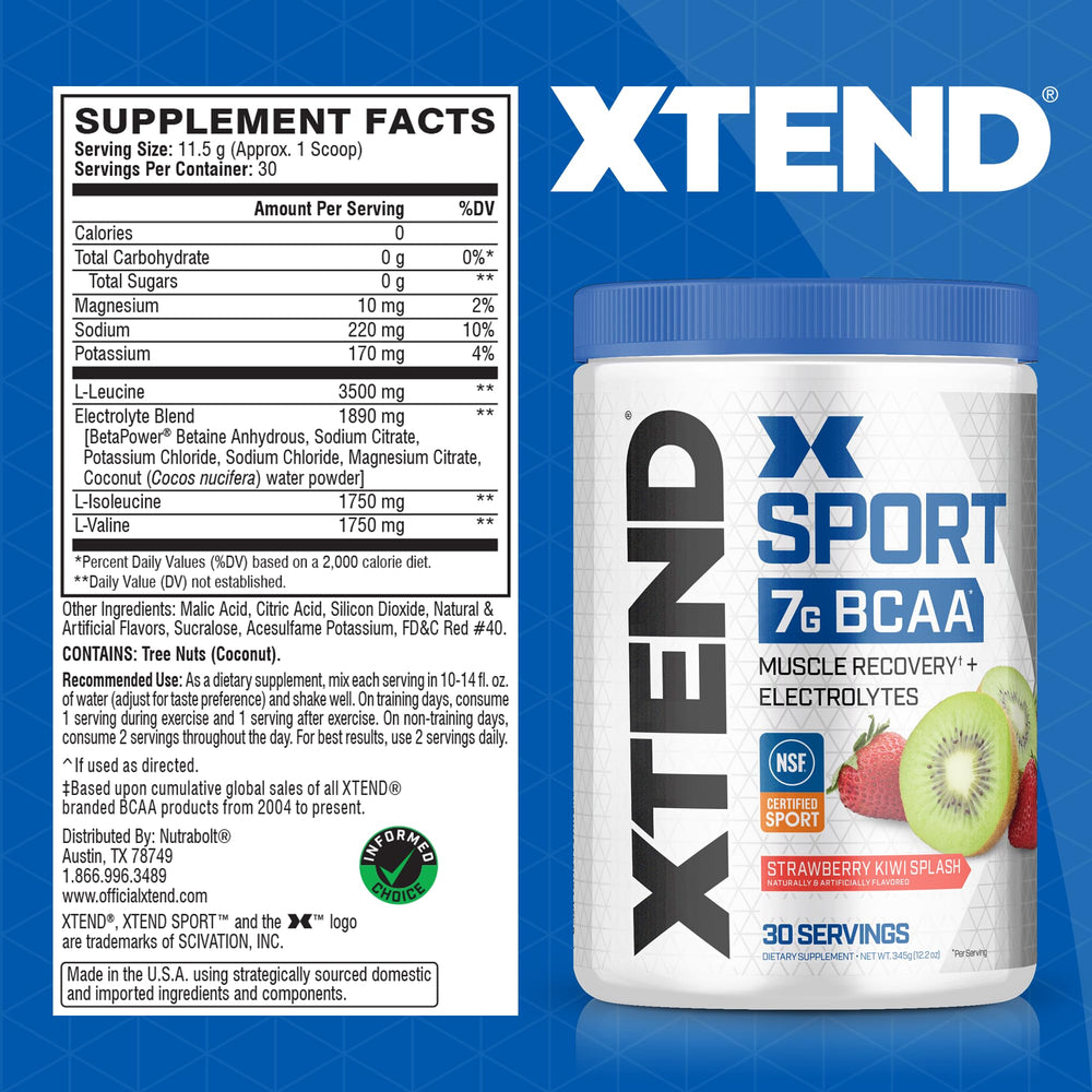 Scivation XTEND Sport Strawberry Kiwi Splash glass shows mixed BCAAs for post-workout recovery and hydration.