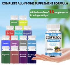 SCOLA cortisol ingredients label showing magnesium and ashwagandha for mood support.