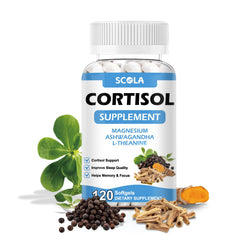 SCOLA cortisol softgels bottle front for daily calm and balance.