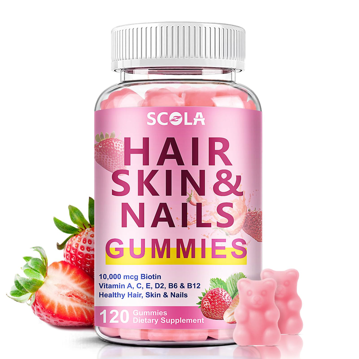 SCOLA Hair Skin and Nails Gummies bottle supports healthy-looking hair, nails, and skin.