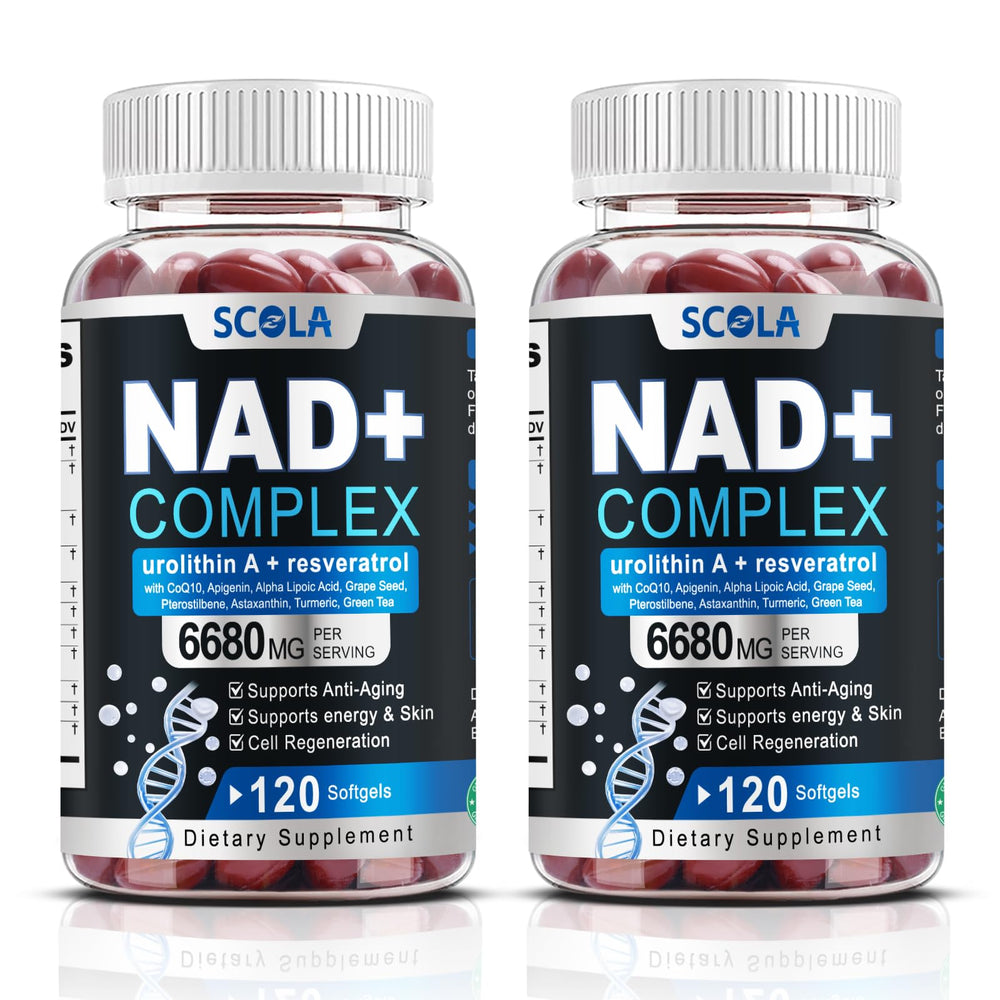 SCOLA NAD softgels bottle close-up highlighting liposomal NAD delivery for daily energy