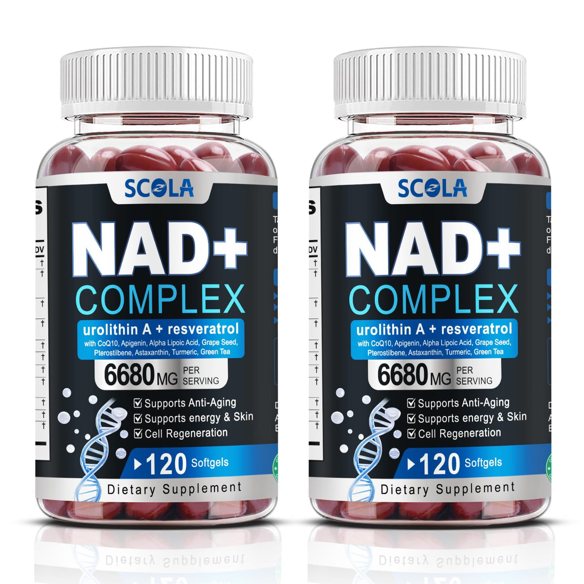 SCOLA NAD softgels bottle close-up highlighting liposomal NAD delivery for daily energy