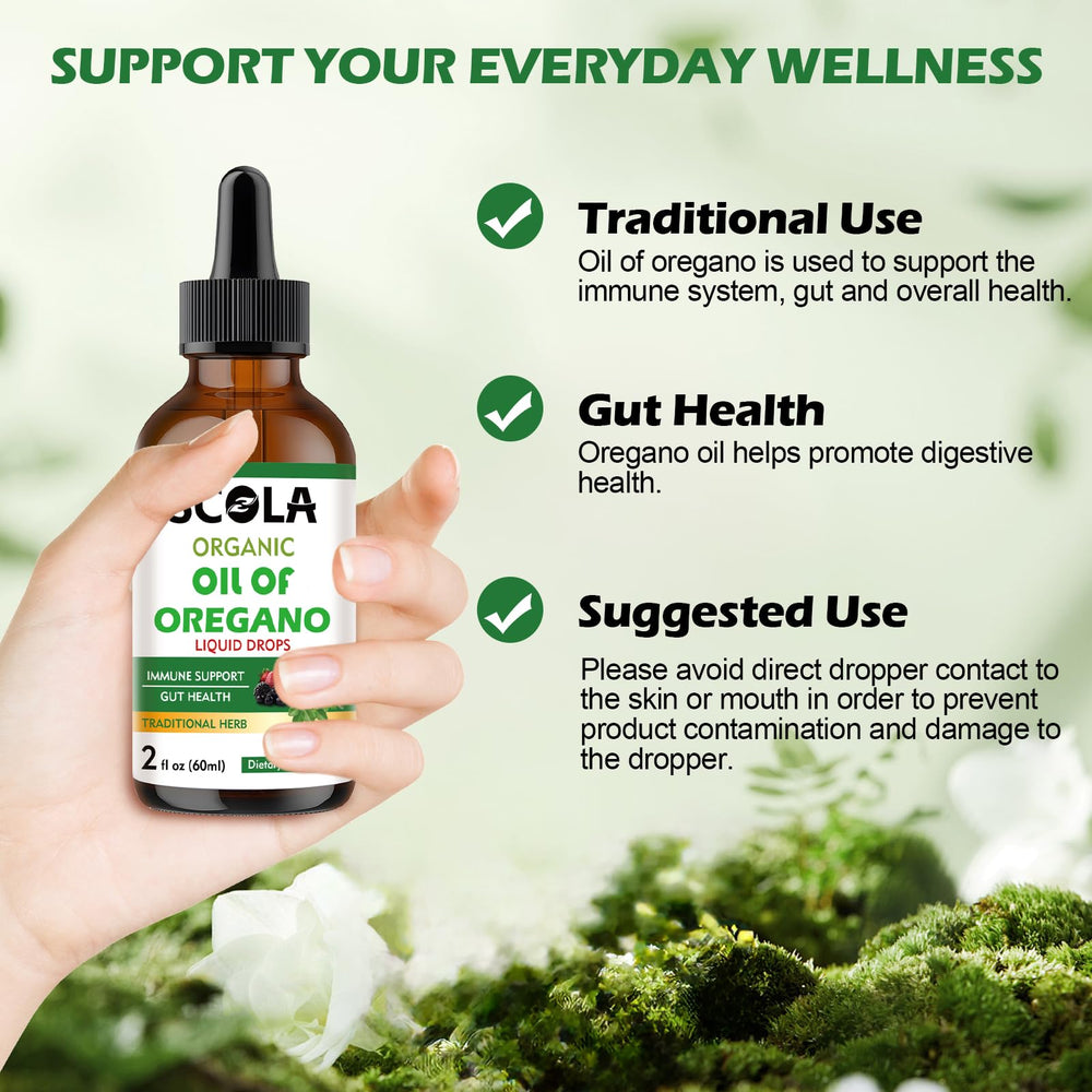 Amber glass bottle close-up preserves potency, showing SCOLA Organics oil of oregano freshness.