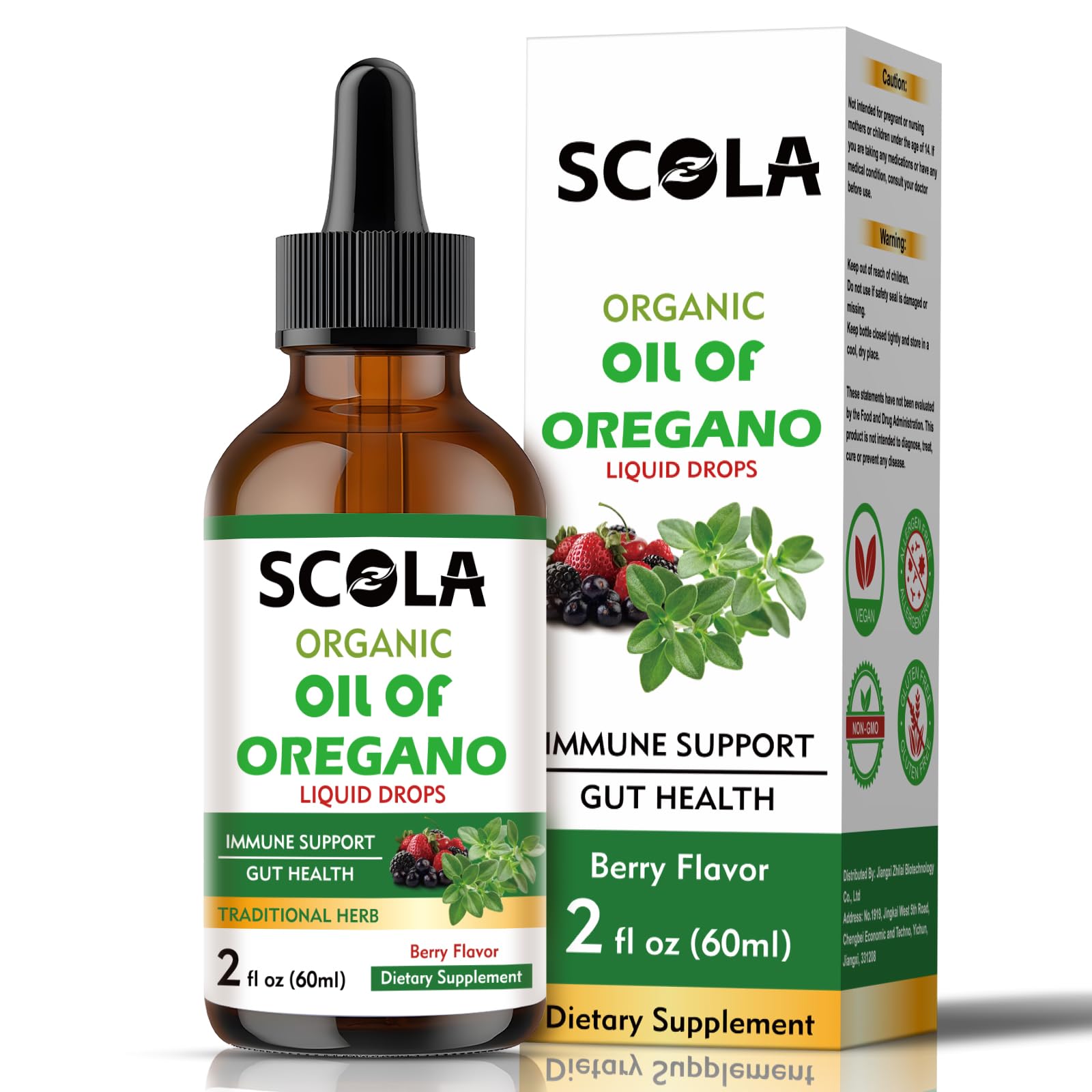 SCOLA Organics Oil of Oregano drops bottle on a kitchen counter for convenient daily immune support.