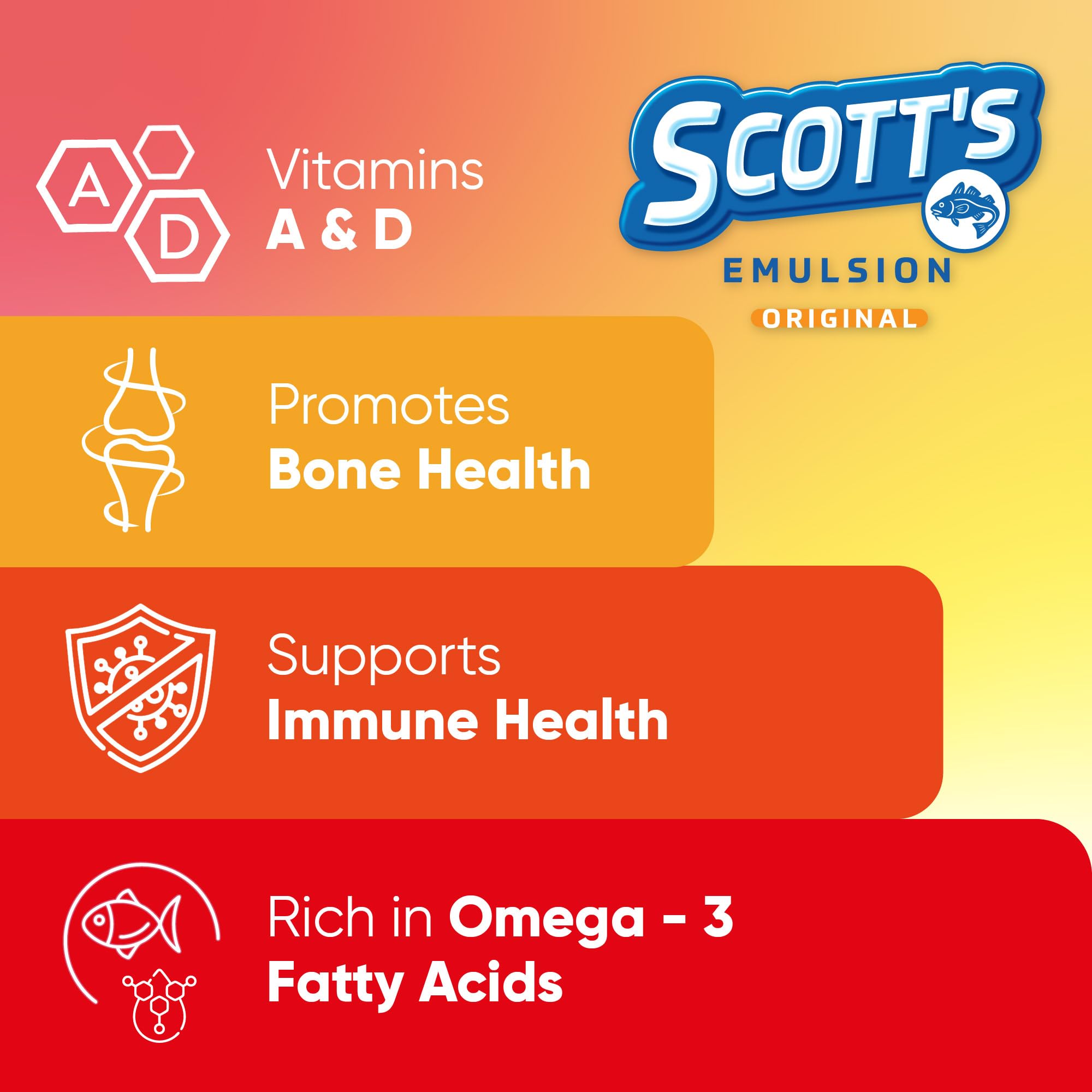 SCOTT'S EMULSION Kids fruity flavor enhances kid-friendly taste for daily use.