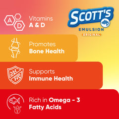 SCOTT'S EMULSION Kids fruity flavor enhances kid-friendly taste for daily use.