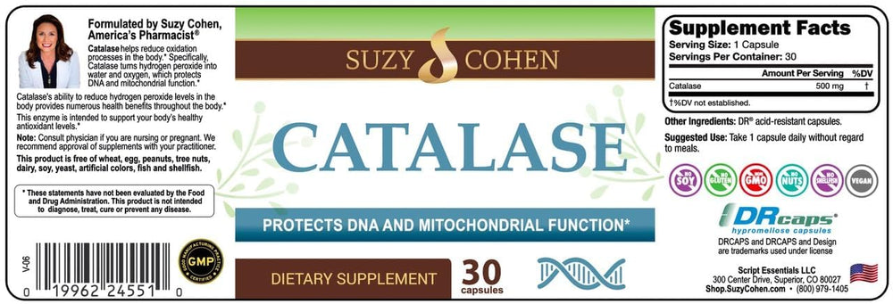Script Essentials Catalase label-detail emphasizing delayed-release feature