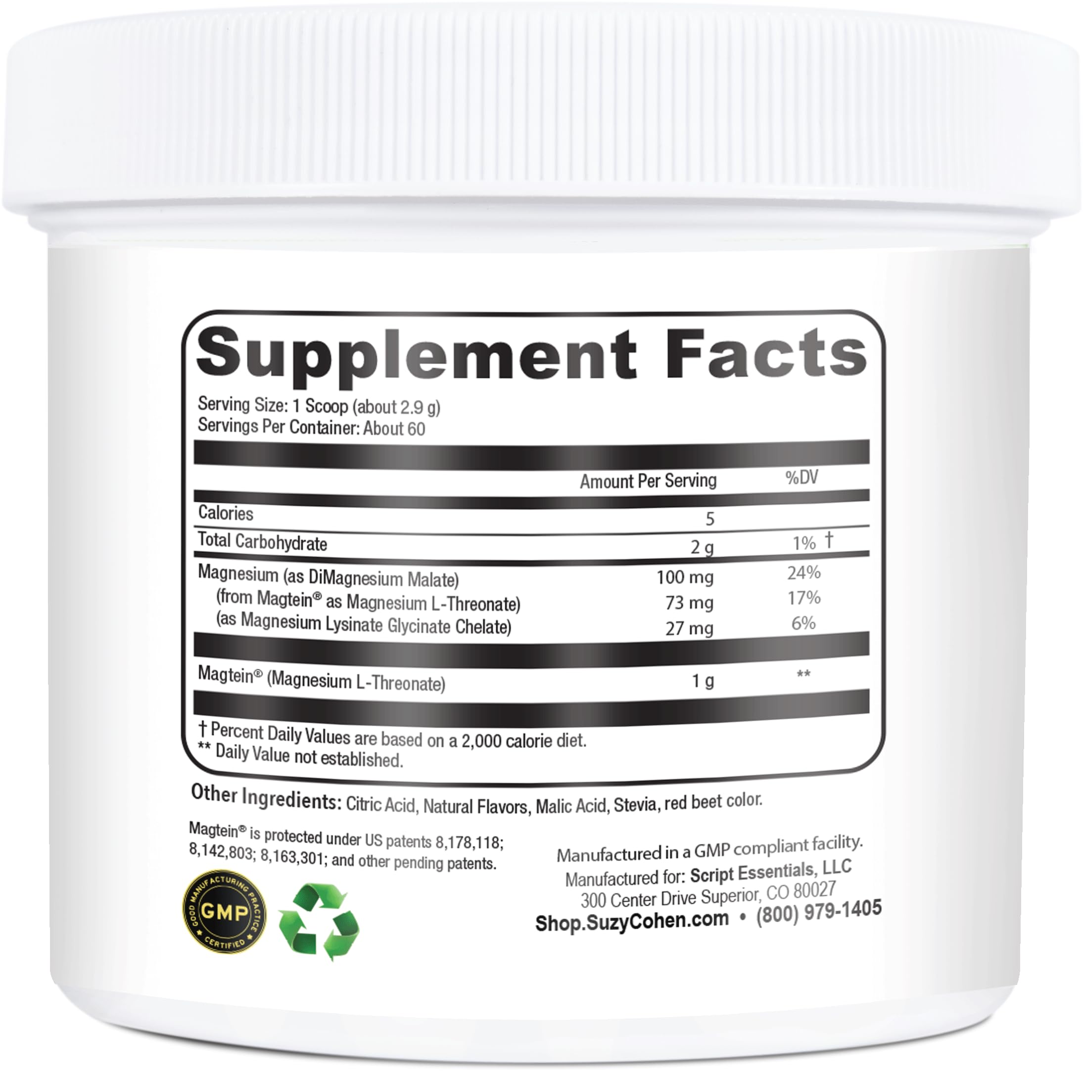 Front label of Script Essentials MagFocus bottle highlights gluten-free and non-GMO.